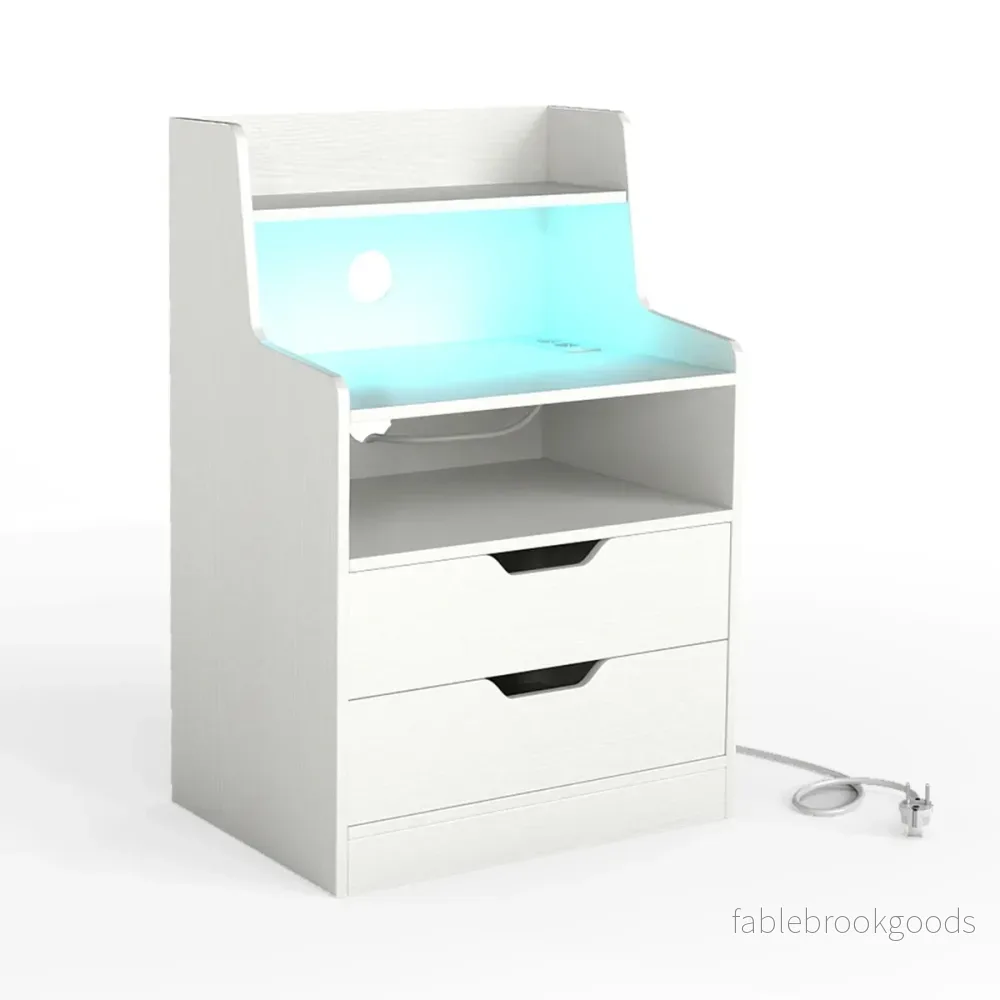 Nattduksbord – med LED Ljus och Laddningsstation Sidobord Låda öppen Fack modern – 2 – Vit