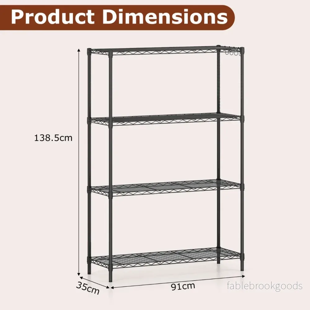 vånings – metall ställhylla med krokar och justerbara hyllor tunglasthylla – 4 4 91 x 35 x 138,5 cm – Svart - Bild 2