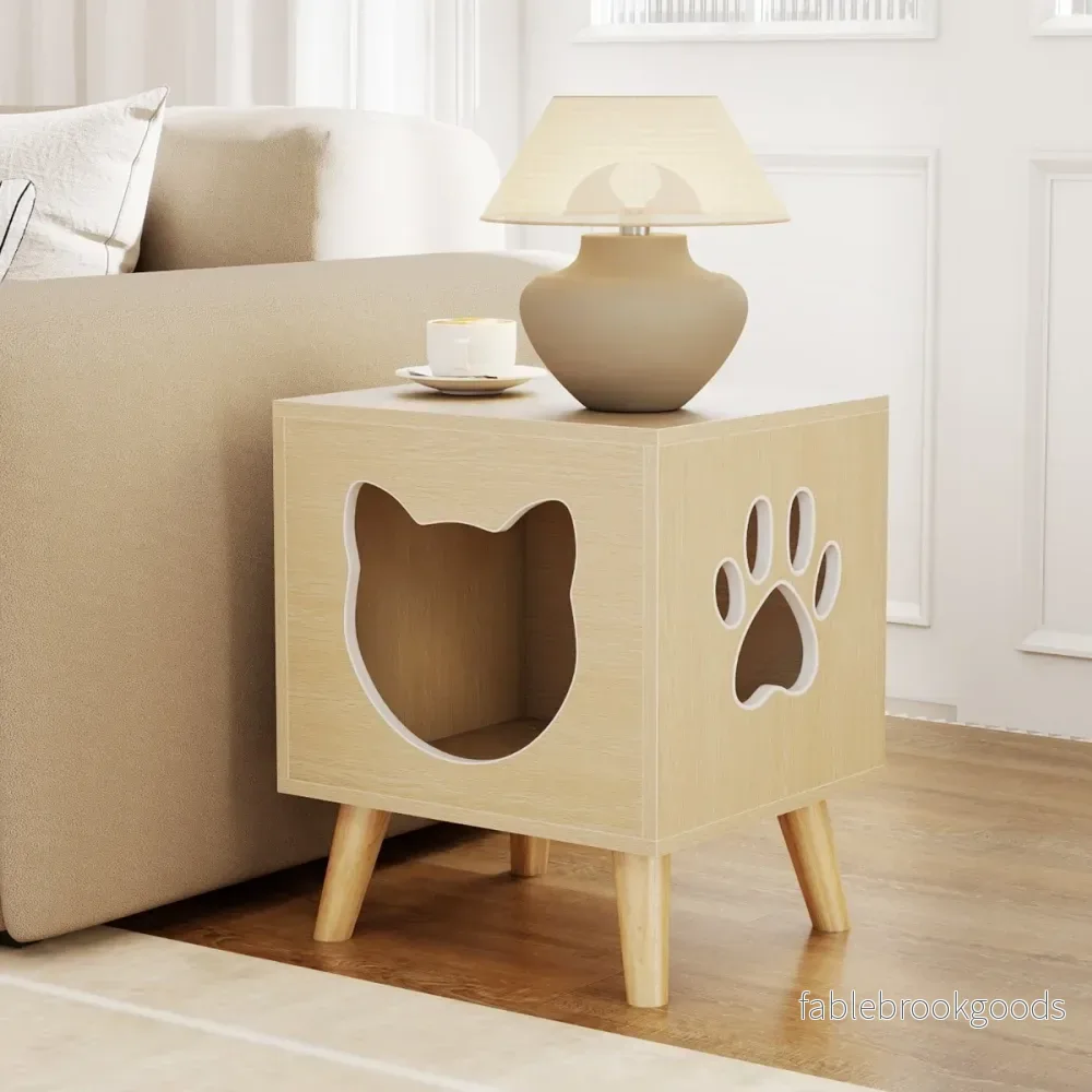 Kattlåda – Skåp Modern med avtagbart lock Kattingång och fönster – Natur - Bild 3