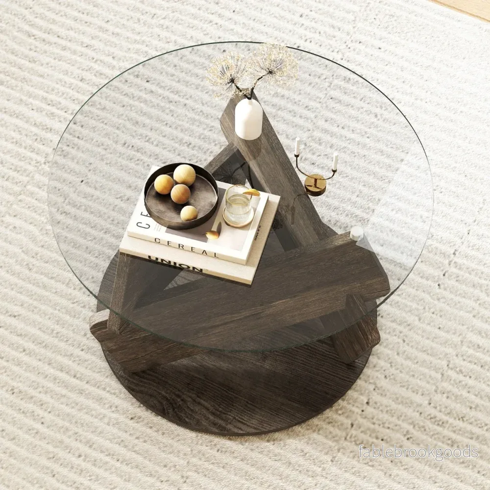 Rund – glasbord med härdat och massivträram Modernt soffbord – Ø 81 cm – Grå - Bild 3