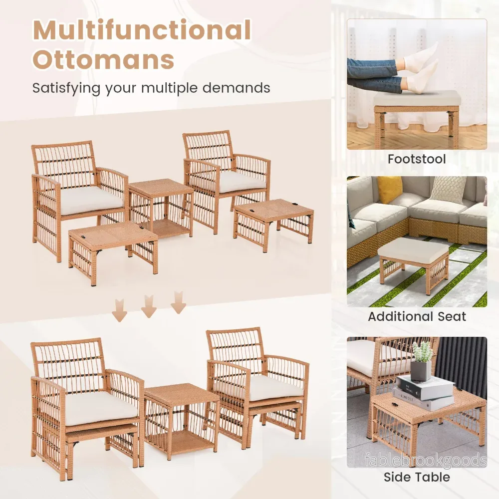 delat – Rattan Trädgårdsmöbel Set Balkongmöbler med fåtöljer puffar och vånings kaffebord Loungeset – 5 2 2 2 – Natur - Bild 3