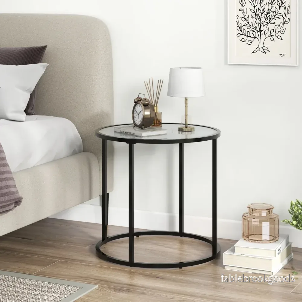 Runt – sidobord med skiva i marmorimitation av glas och soffbord justerbara fötter – Svart - Bild 3