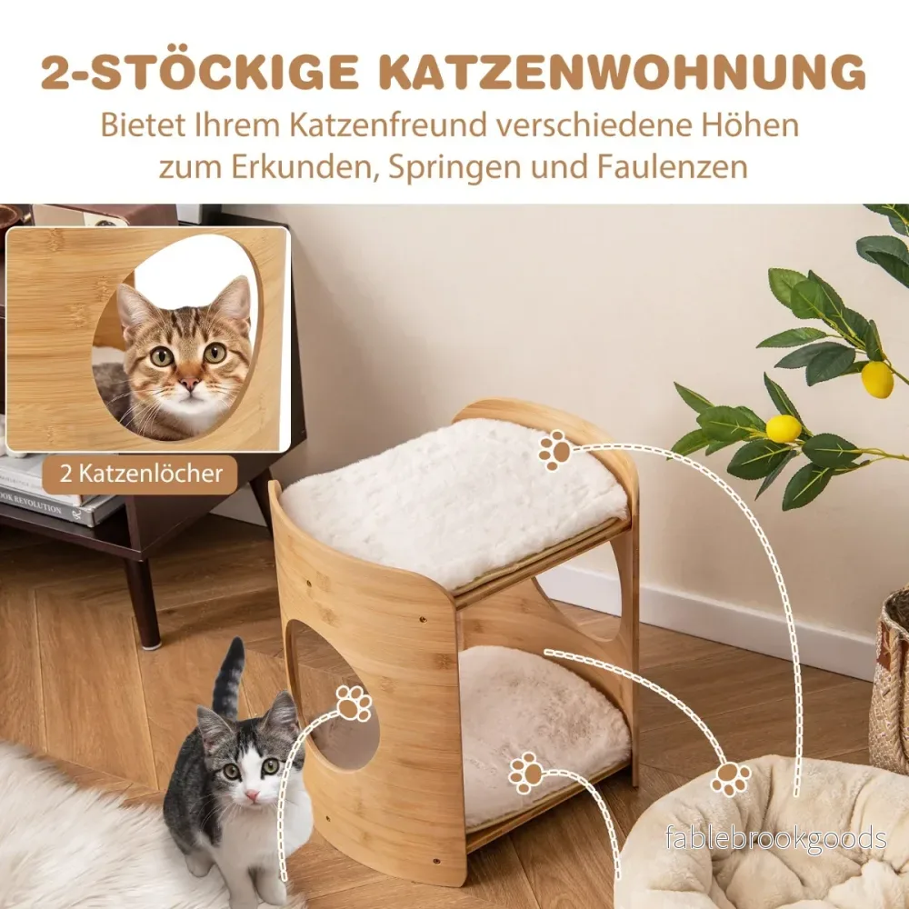 vånings – bambu kattsäng med avtagbara plyschmattor och katthål för kattsovplats – 2 2 – Beige - Bild 3