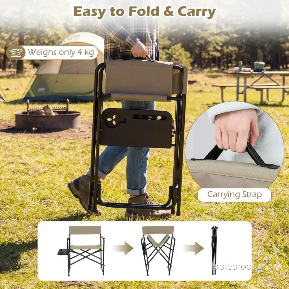 Regissörsstol – Hopfällbar upp till Campingstol med Sidobord Dryckeshållare och Ficka – 150 kg – Brun - Bild 3