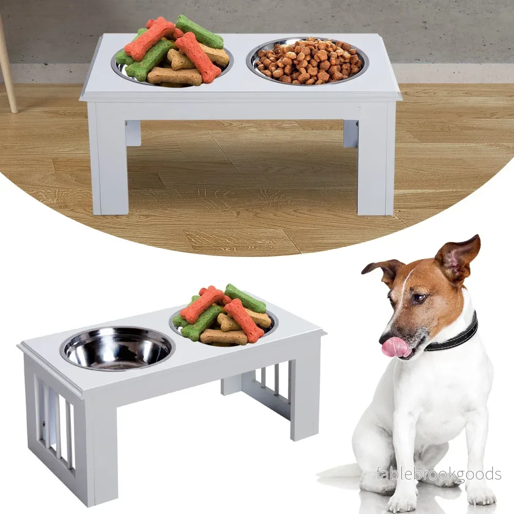 Upphöjd hundmatskål med rostfritt stål, lättskött, vit - Bild 2