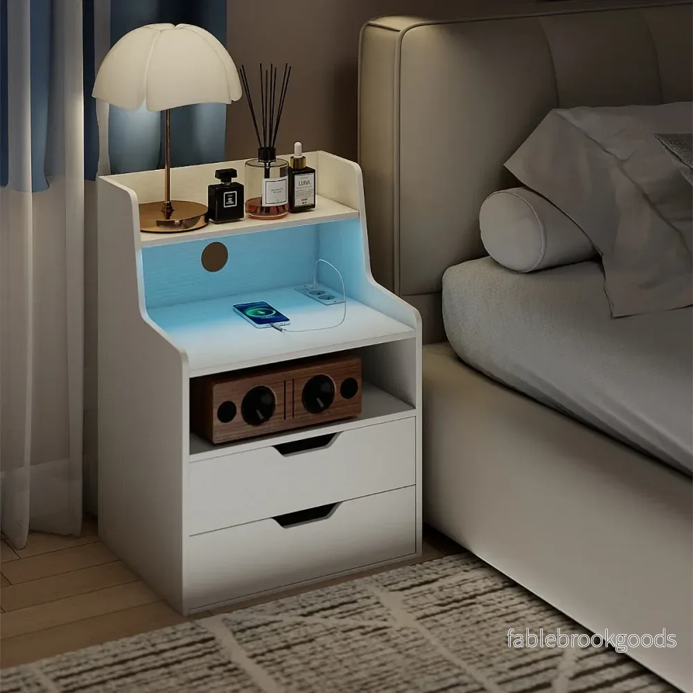 Nattduksbord – med LED Ljus och Laddningsstation Sidobord Låda öppen Fack modern – 2 – Vit - Bild 3