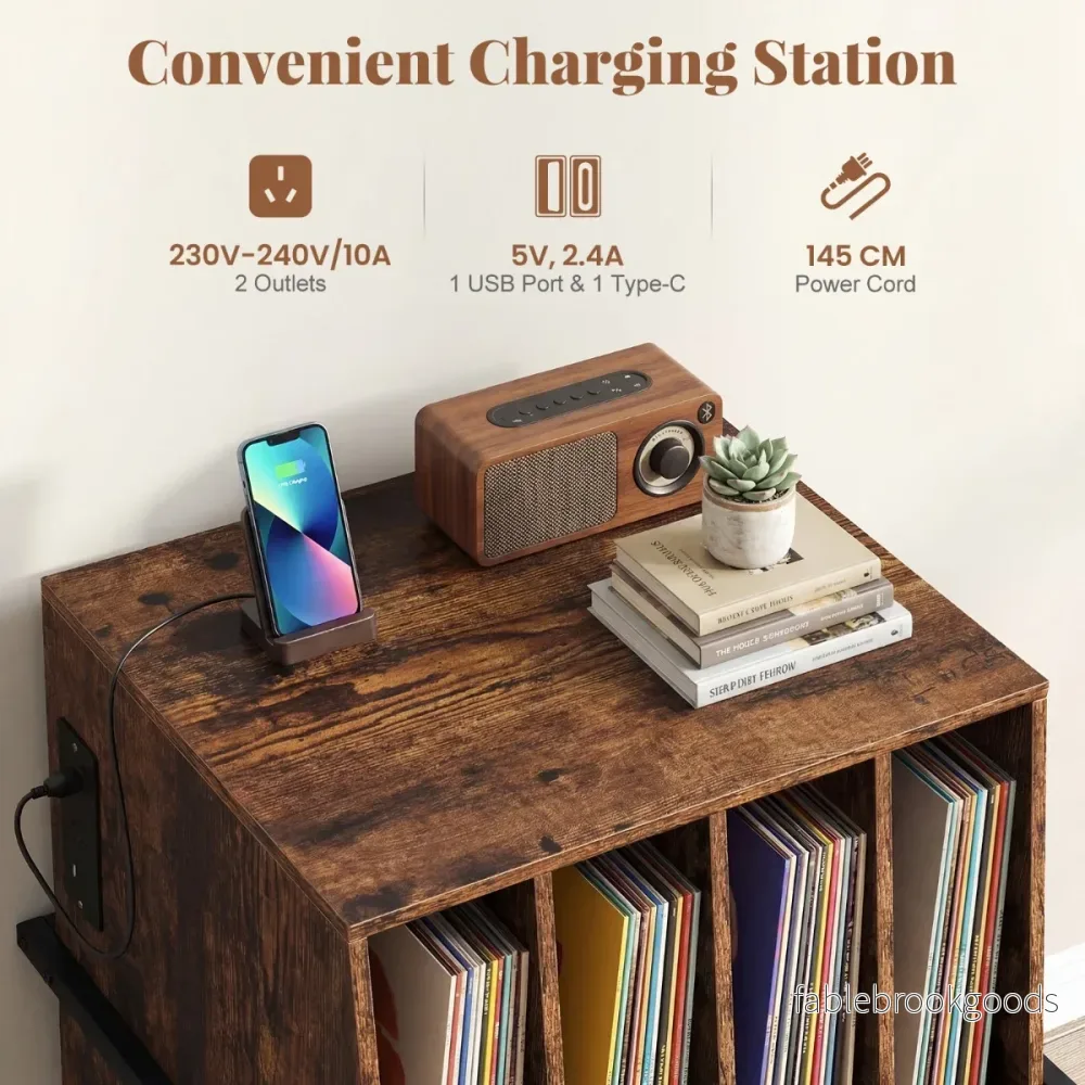 Skivspelarställ – med inbyggd laddstation och skiljeväggar, vinylskivbord – 4 – Rustik brun - Bild 3