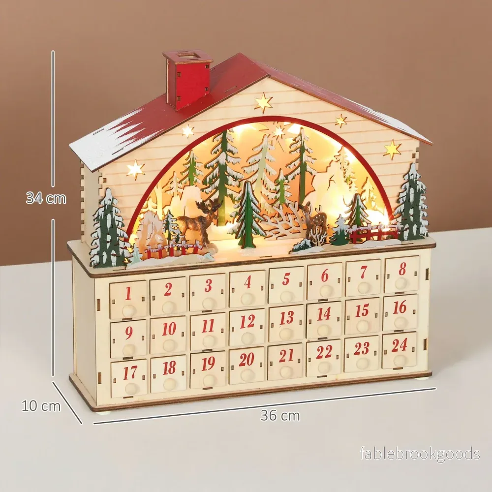 Adventskalender med 24 lådor, LED-lampor, trä, 36x10x34 cm - Bild 3