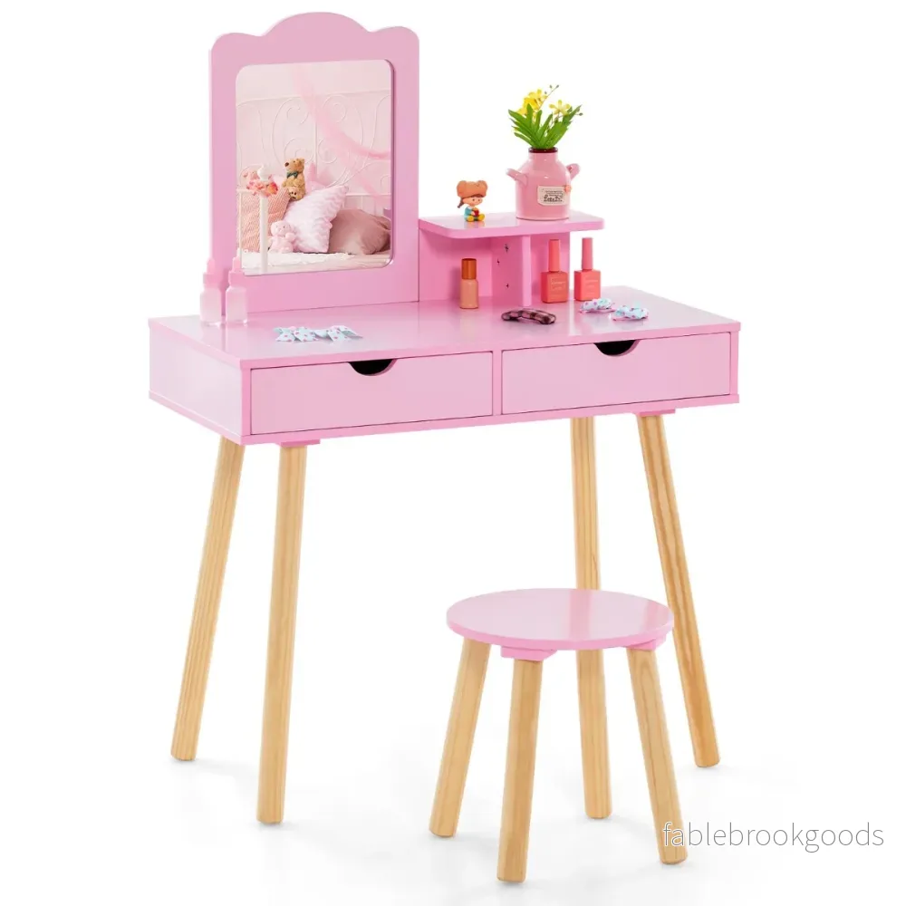 Barn – Sminkbord Set i Frisörbord Skrivbord och Pall med avtagbar Spegel Hot Pink – 2 1 – Rosa