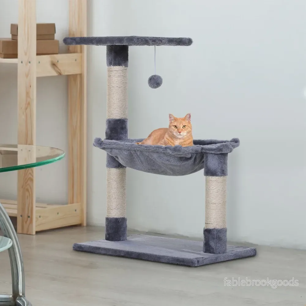 Grå kattträd med sisalskrapstolpe och plyschhängmatta - Bild 2