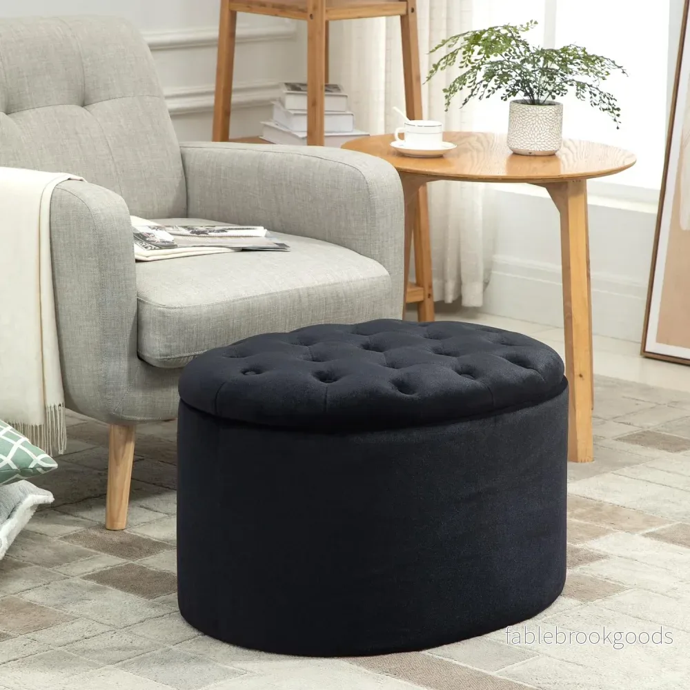 Modern svart oval bänk – stoppad förvaring, sammetslen finish - Bild 2