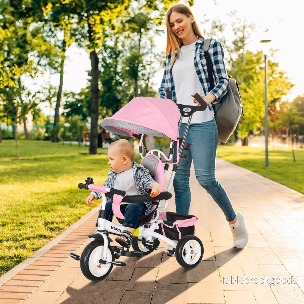 6-i-1 barntrehjuling med körbygel, tak, bälte, förvaringskorg, för 1-5 år, rosa - Bild 2