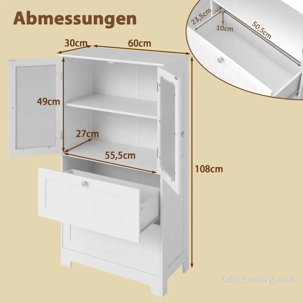 Badrumsskåp – med lådor och glasdörrar justerbar hylla högskåp – 2 2 – Vit - Bild 2
