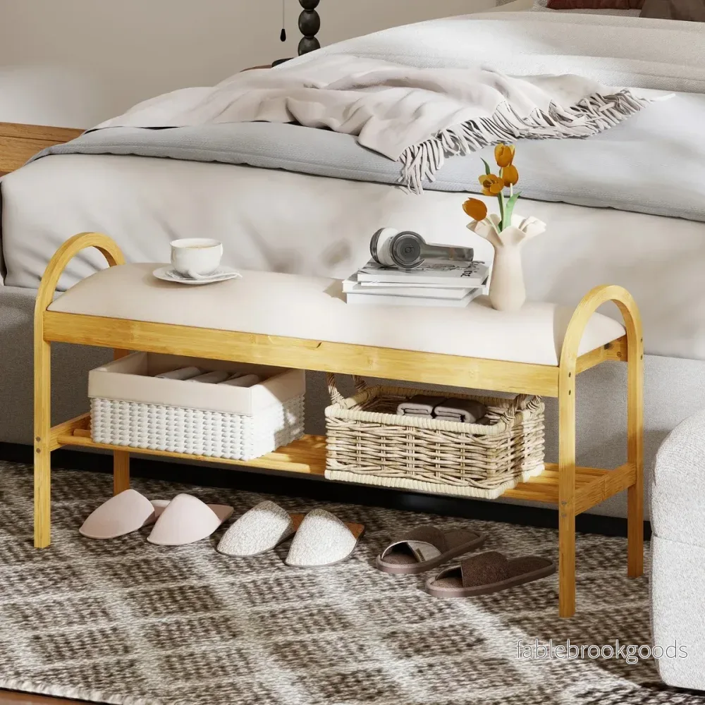 Bambusskobänk – Hallbänk med vadderat lock och dold förvaringsutrymme – Beige - Bild 2