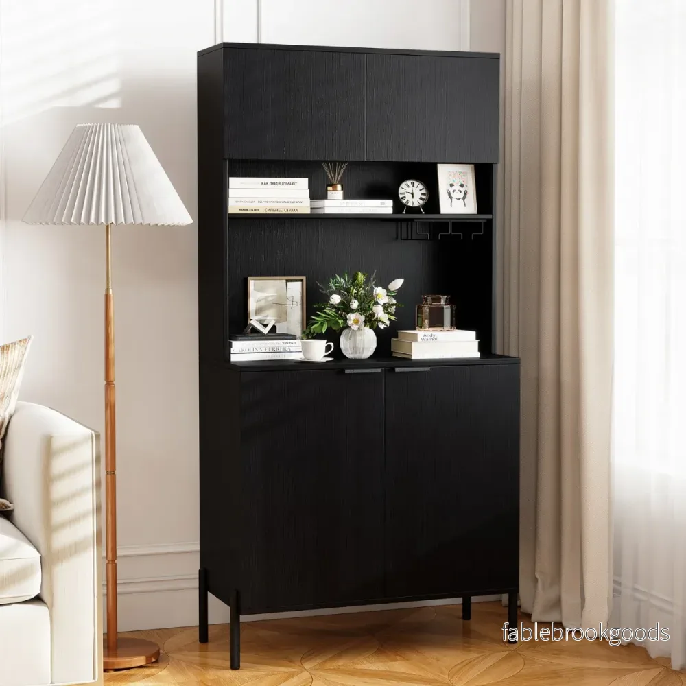 Köksskåp – med Laddningsstation hög Vinskåp Vinglas Hållare Buffé Sideboard – 164 cm – Svart - Bild 3