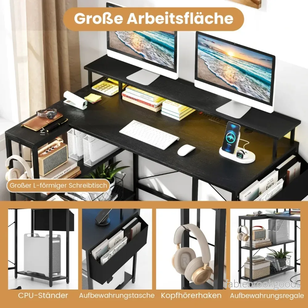 L – format skrivbord med uttag och LED belysning speldatorbord – Svart - Bild 3