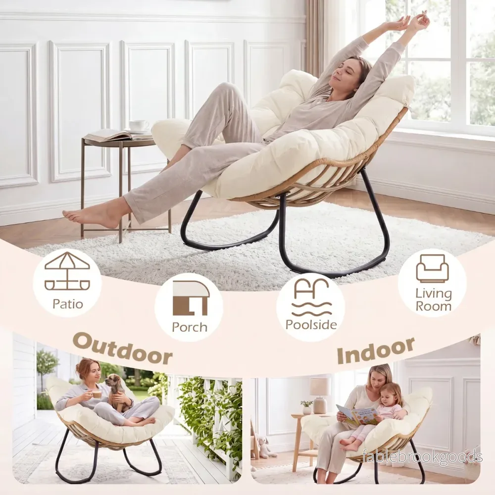 Stor – gungstol med tjock stoppad sittdyna och metallram avslappningsstol – Brun - Bild 3