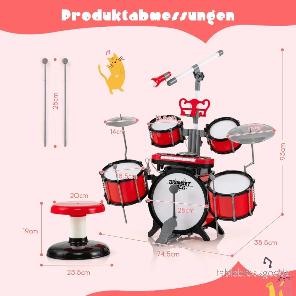 Trum – för barn med klaviaturpall Mikrofon Musikställ – Röd - Bild 3