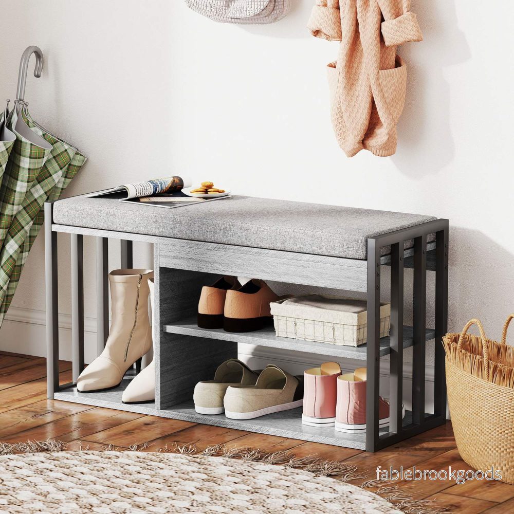 Skoförvaringsbänk med kudde, 3-våningsdesign, grå - Bild 2