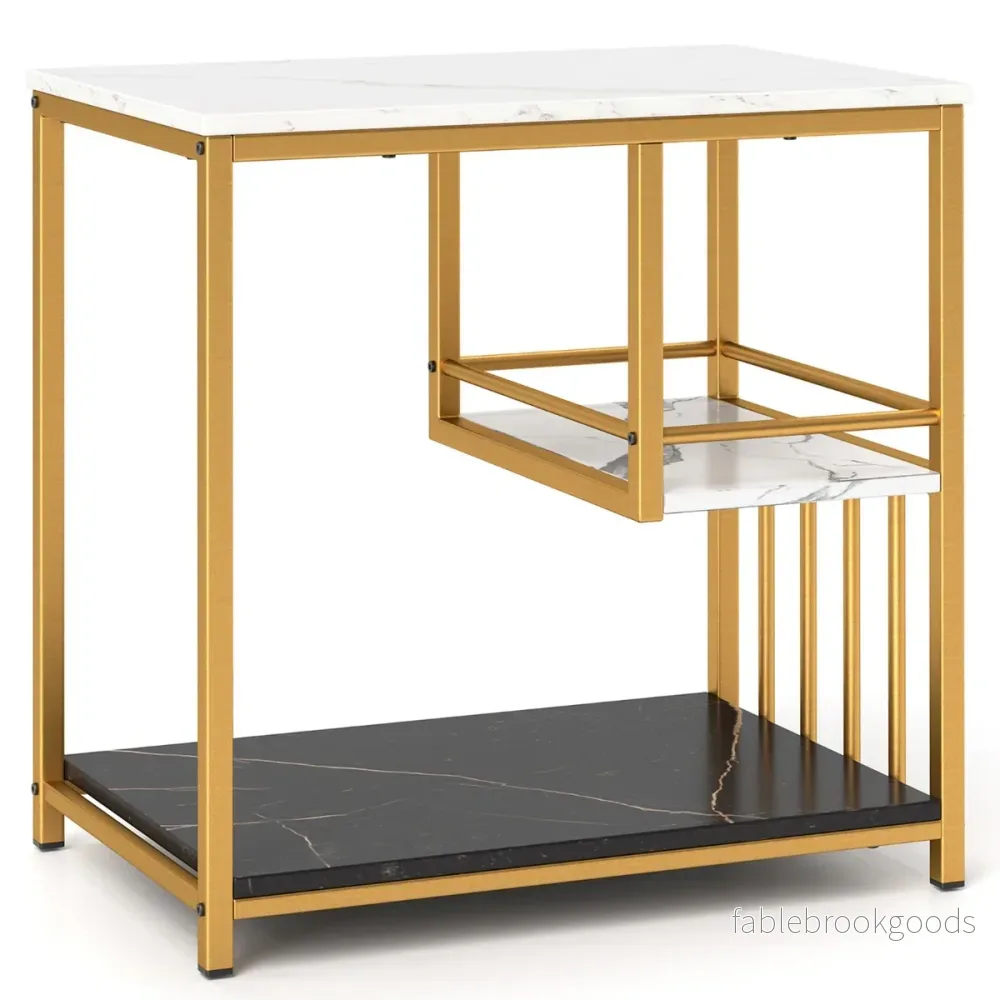 Sidobord – marmorlook vånings sängbord med metallram soffbord modernt vardagsrumsbord vitt – 3 – Vit - Bild 2