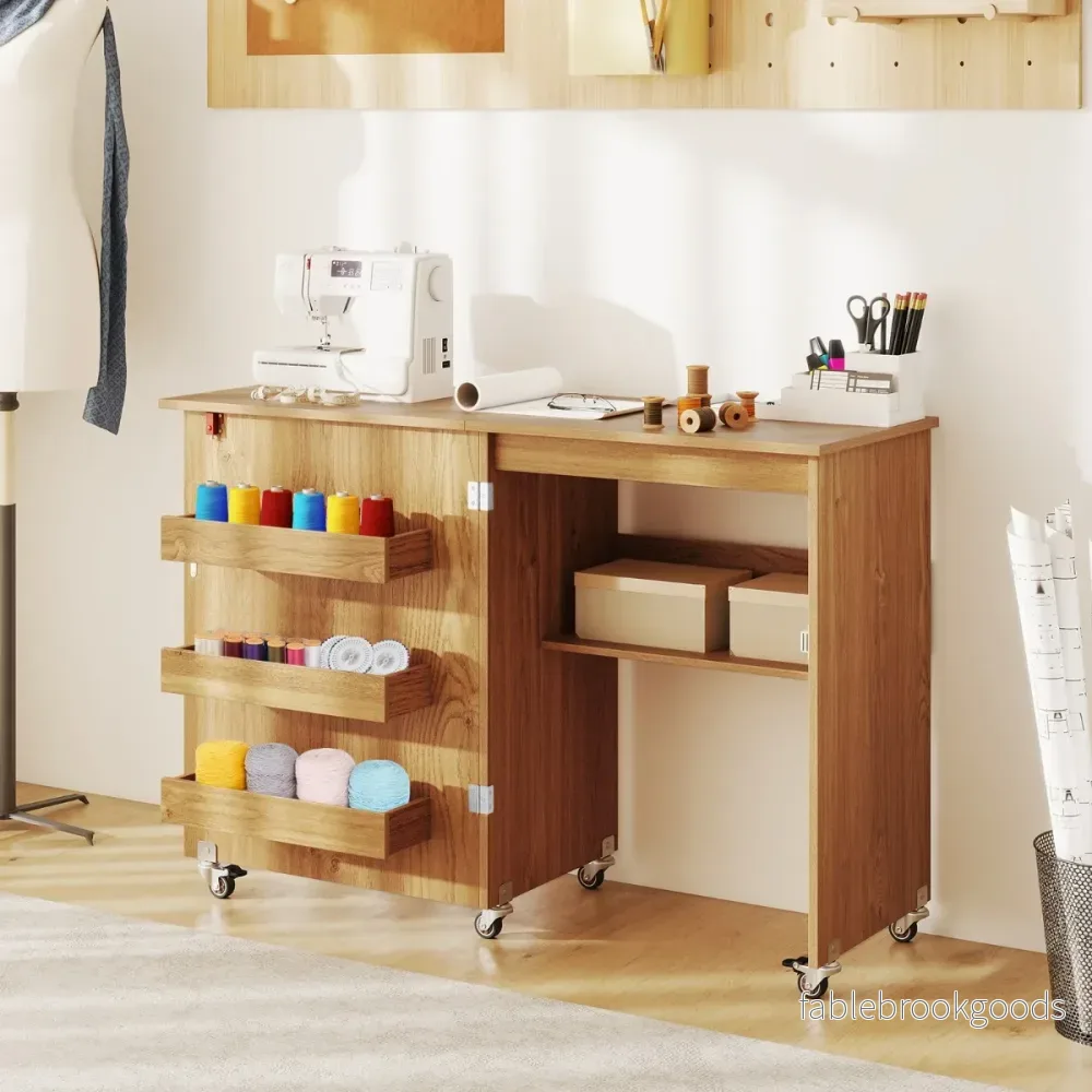 Fällbart – sybord Rullande hantverksstation med förvaringsfack dolda behållare Mobil – 3 118,5 x 40 x 79,5 cm – Natur - Bild 3