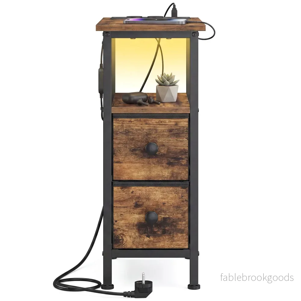 Bijzettafel - Ledverlichting - Met Stekkerdoos - 2 Lades - Bruin - Bild 2