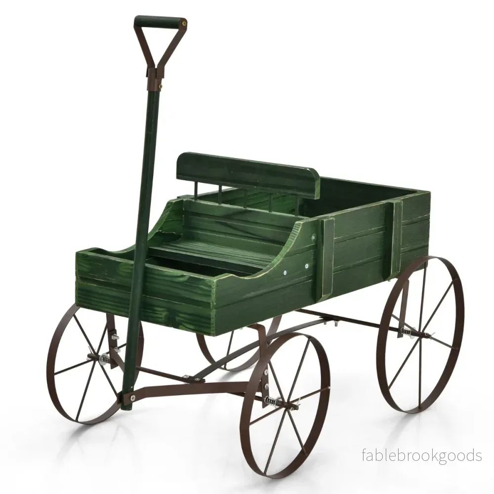 Trävagn – Blomlåda Dekorativ blomsterlåda med hjul – 62 x 34 x 60 cm – Grön - Bild 2