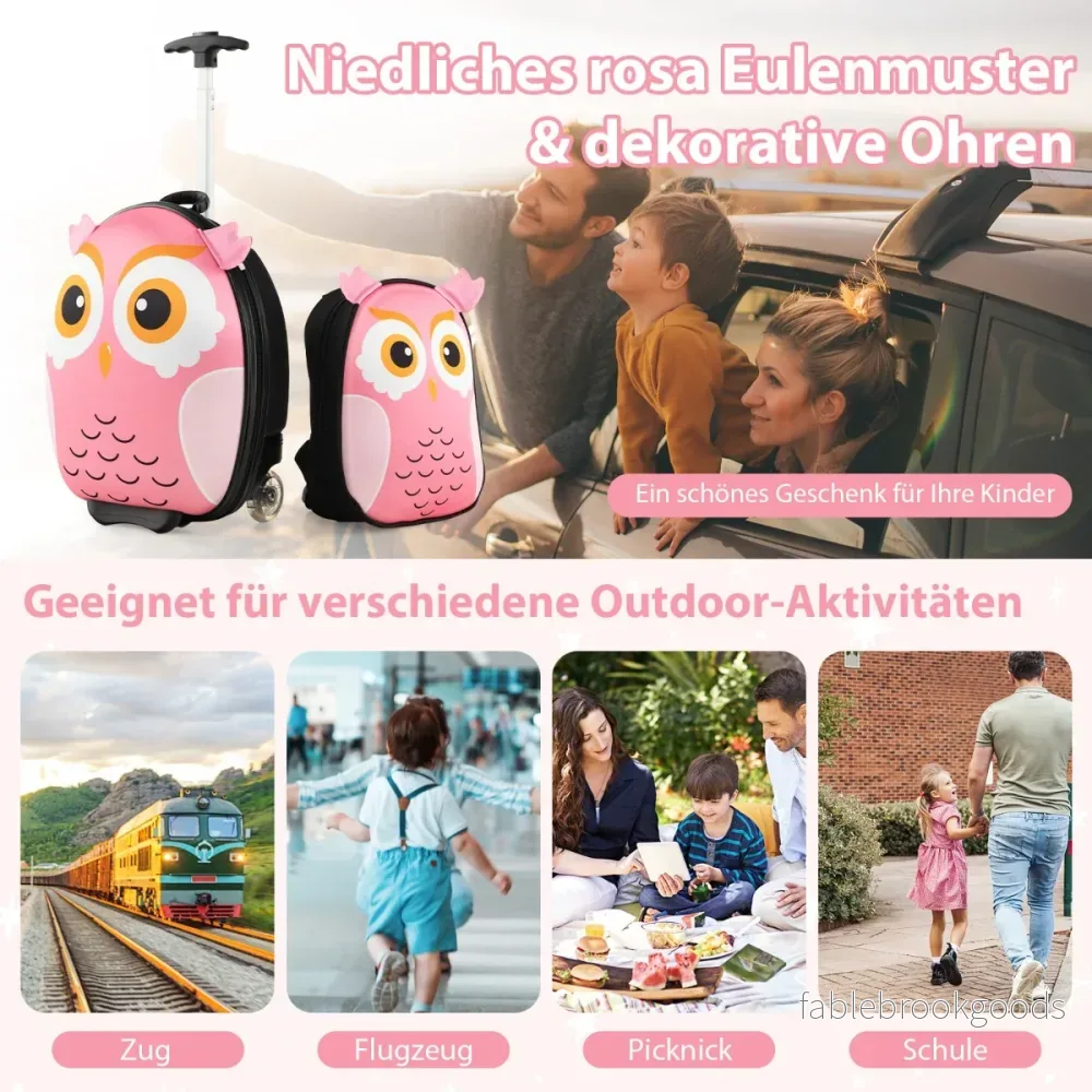 delad – barnresväska och ryggsäck med hjul nivå teleskophandtag 12"+16" barnvagn Uggla – 2 3 – Rosa - Bild 3
