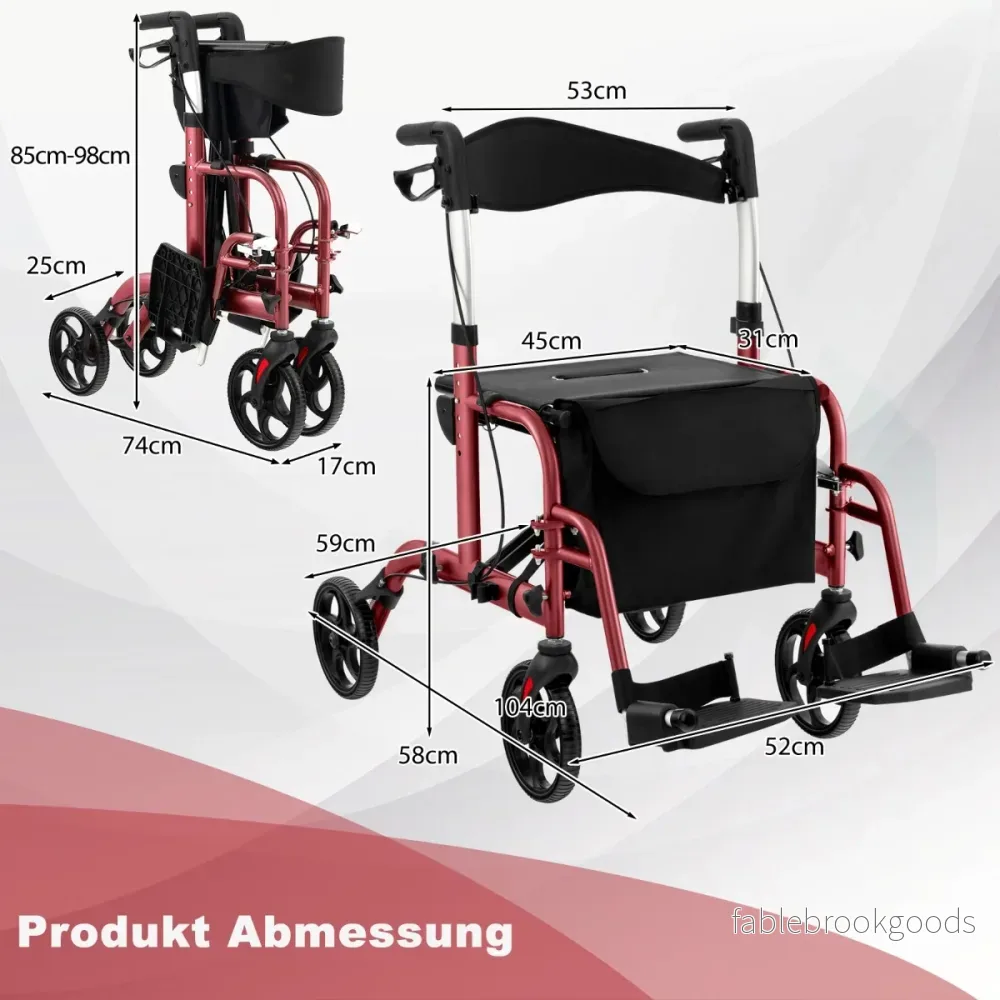 Fällbar – och lätt rollator med sittplats i rullstol rese – 2 1 – Röd - Bild 2