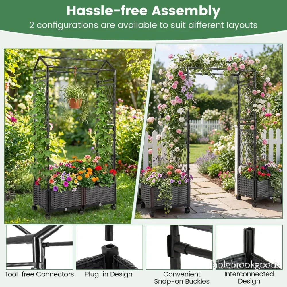 Blomlåda – med klätterstöd och hängande tak Höglätt på låsbara hjul – 154 x 40 x 162 cm – Grå - Bild 3