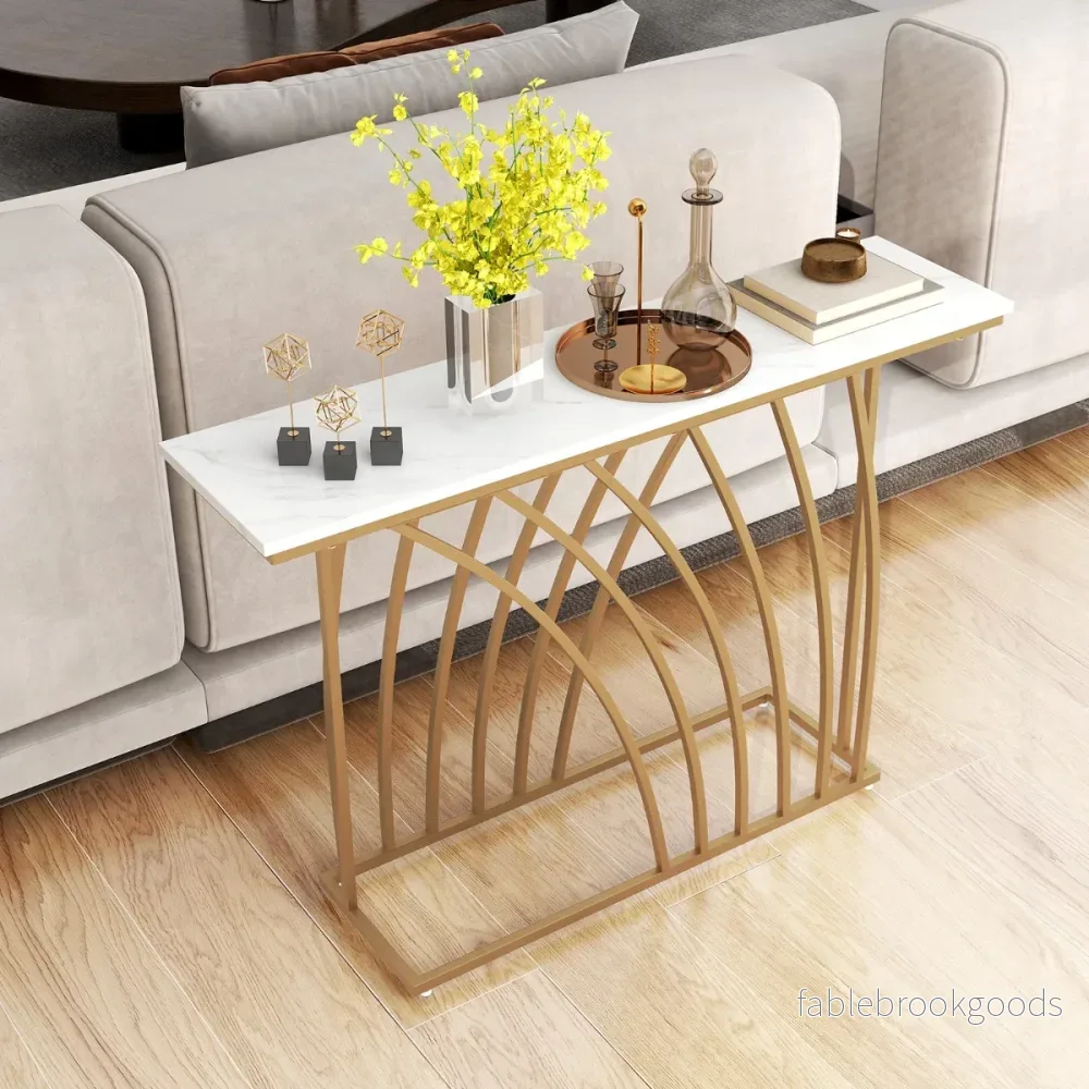 Smalt – konsolbord med marmorlook och geometrisk metallram – 120 x 30 x 80 cm – Guld - Bild 3