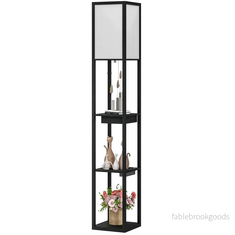 Golvlampa med tygskärm, USB-portar, vit & svart