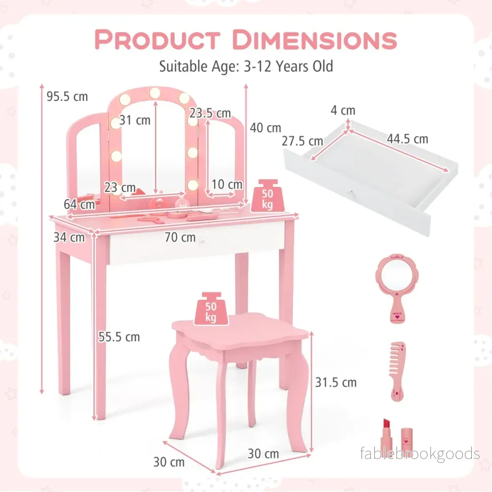 i – Barn Sminkbord Set med Avtagbar Spegel och Ljusfärg – 2 1 3 – Rosa - Bild 2