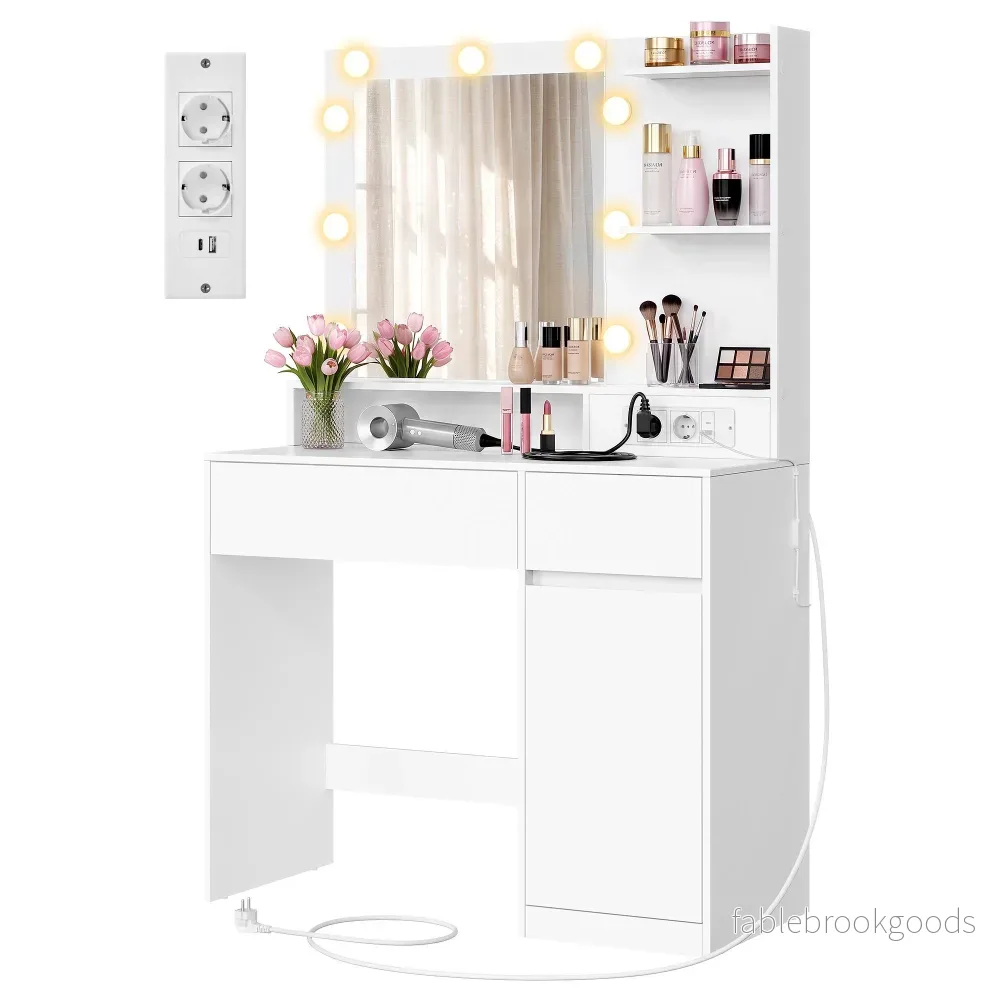 Kaptafel – Met Verlichte Spiegel en Schuifladen – Matwit – 80 x 80 x 144,3 cm Kaptafel – Met Verlichte Spiegel en Schuifladen – Matwit – 80 x 80 x 144,3 cm