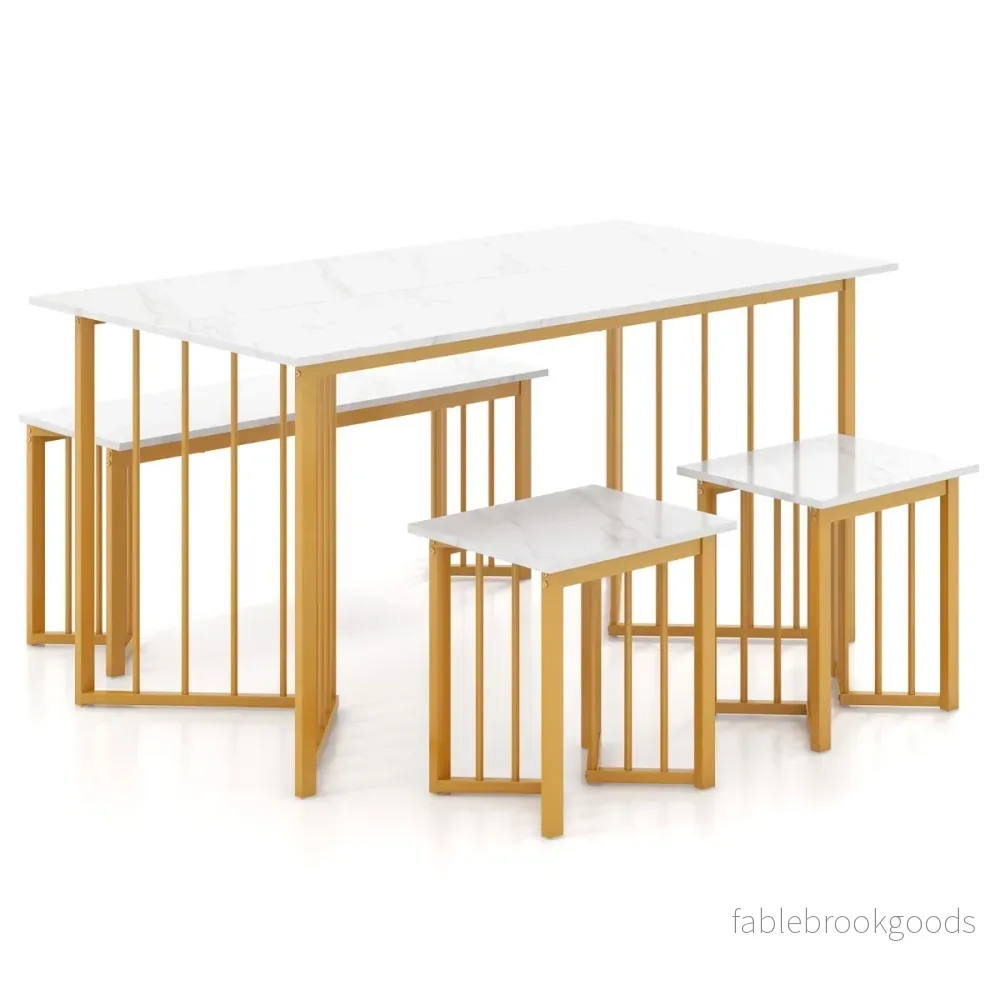 delat – matsalsset med stolar och bord bänk Modernt i marmor + gyllene – 4 2 – Vit