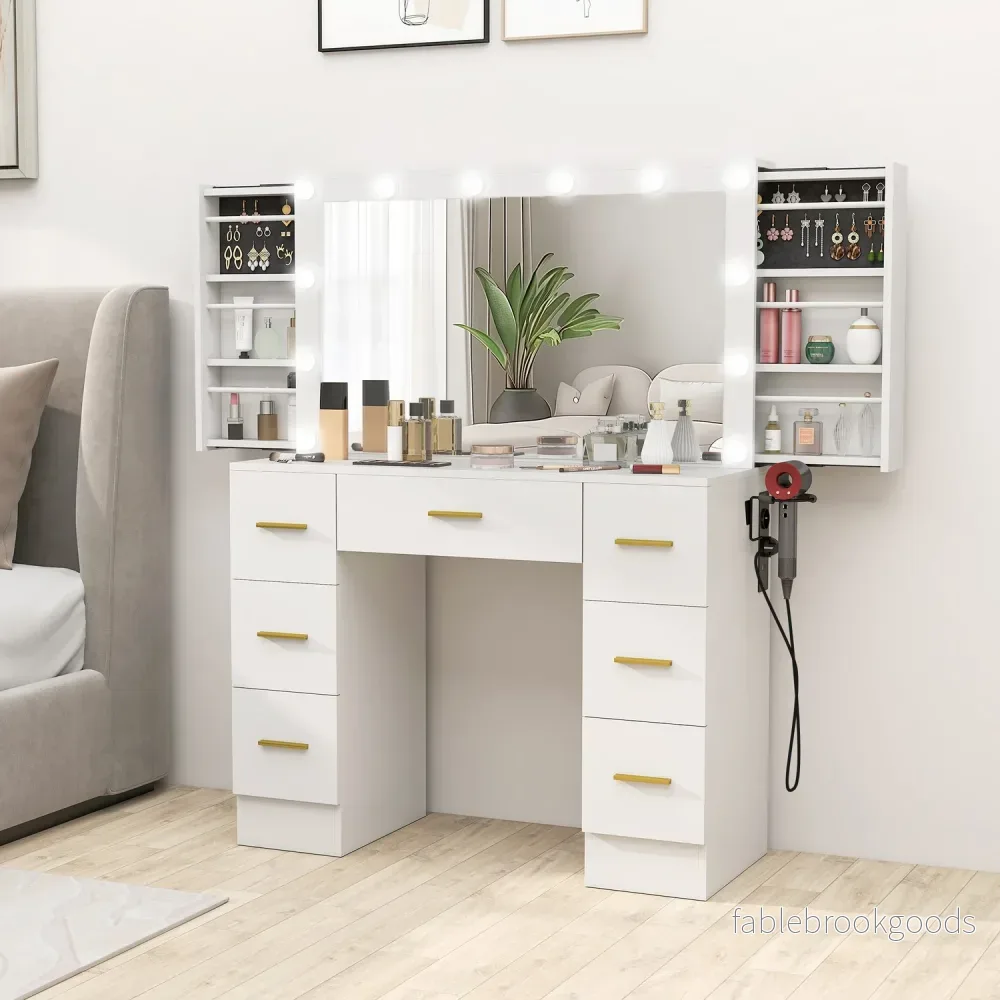 Sminkbord med spegel, 12 LED-lampor, 7 lådor, vit - Bild 2