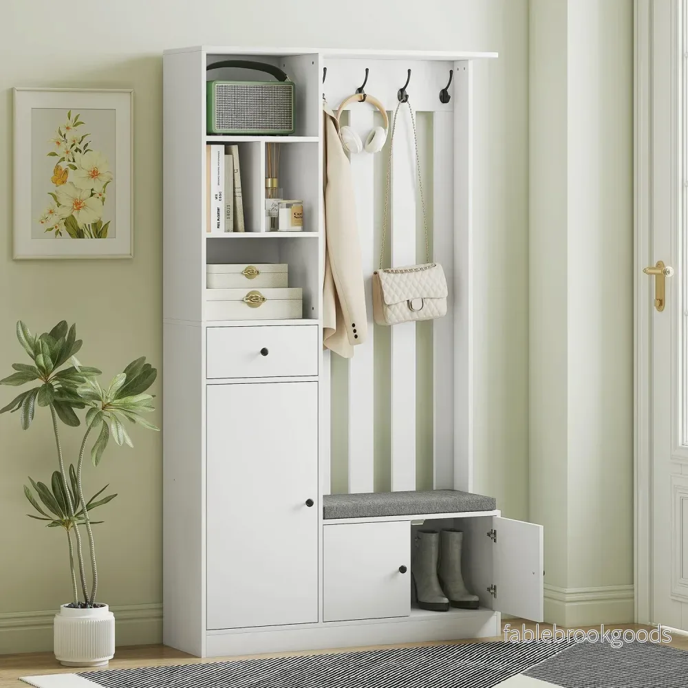 Garderob med klädställning, skobänk, krokar, MDF, vit - Bild 2