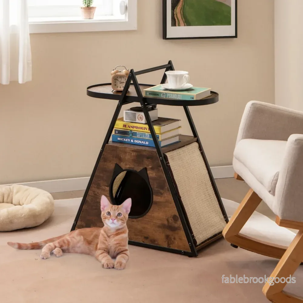 i – Cat Cabinet House och Sidobord Sängbord med Cave Scratching Mats – 3 1 – Grå - Bild 2