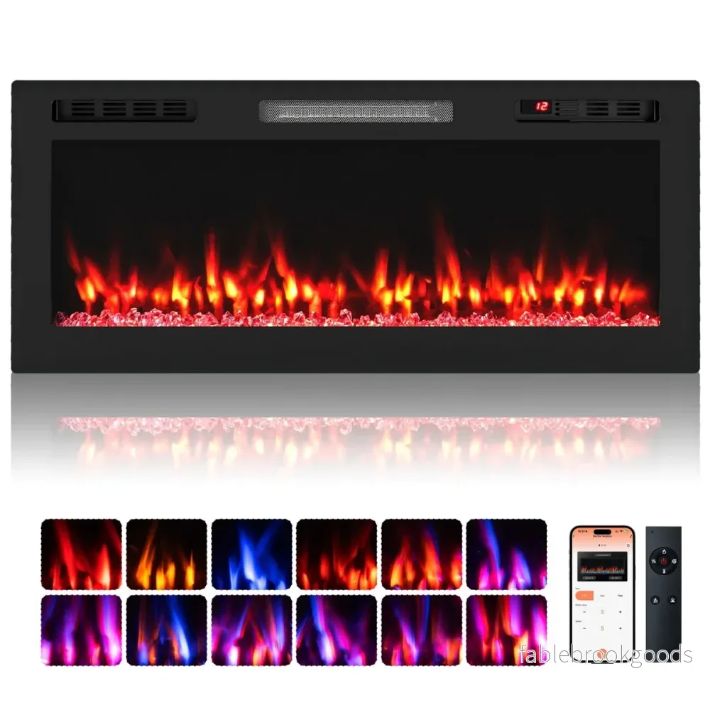42'' – Elektrisk öppen spis 750W/1500W Inbyggd med APP WLAN kompatibel och fjärrkontroll Väggmonterad – Svart