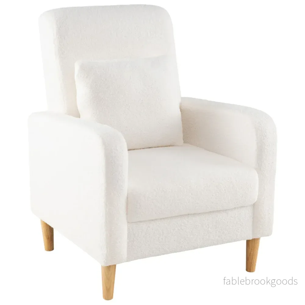Teddyfåtölj – med ländkudde och träben Polstrad loungestol upp till belastning – 150 kg – Beige