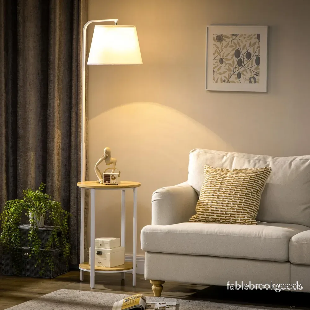 Golvlampa i vit metall, 40W, Skärm i linne, 162 cm Höjd - Bild 2