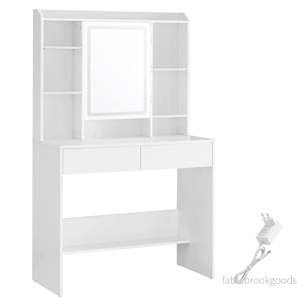 Sminkbord – LED-belysning och spegel – 2 lådor – Vit Sminkbord – LED-belysning och spegel – 2 lådor – Vit