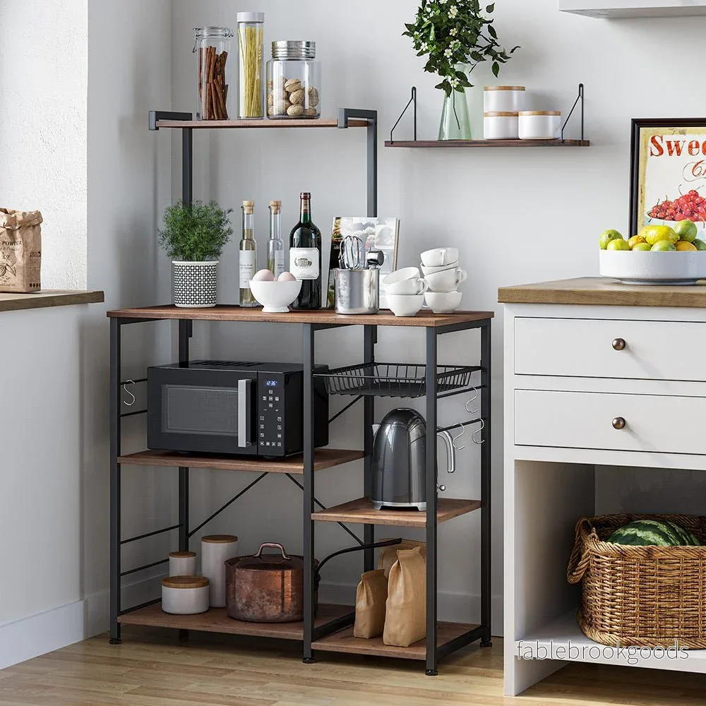 Kökshylla – Med metallkorg – Vintage Mörkbrun - Bild 3