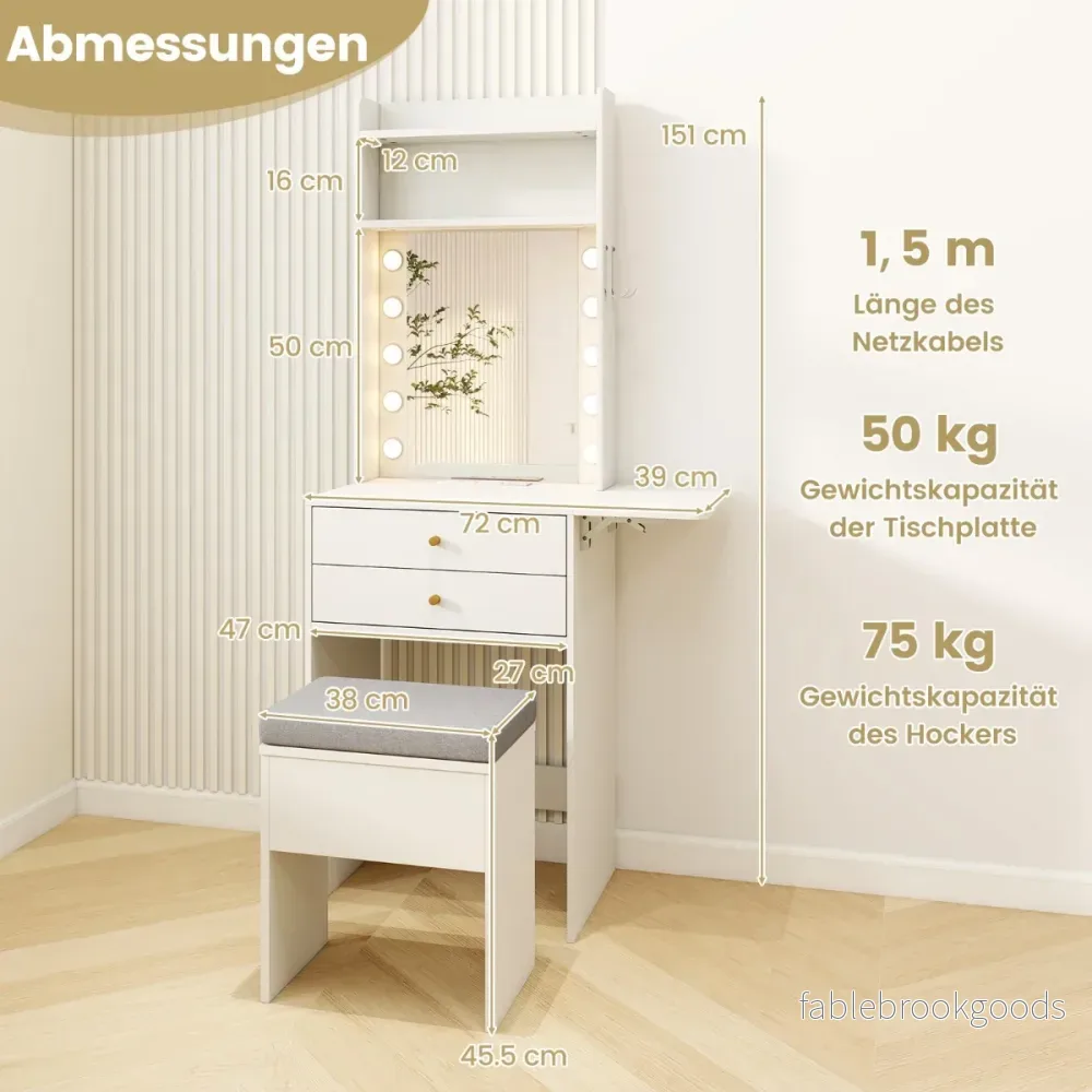 Sminkbord – med belysning Frisyrbord laddstation Puff förvaring – Vit - Bild 2