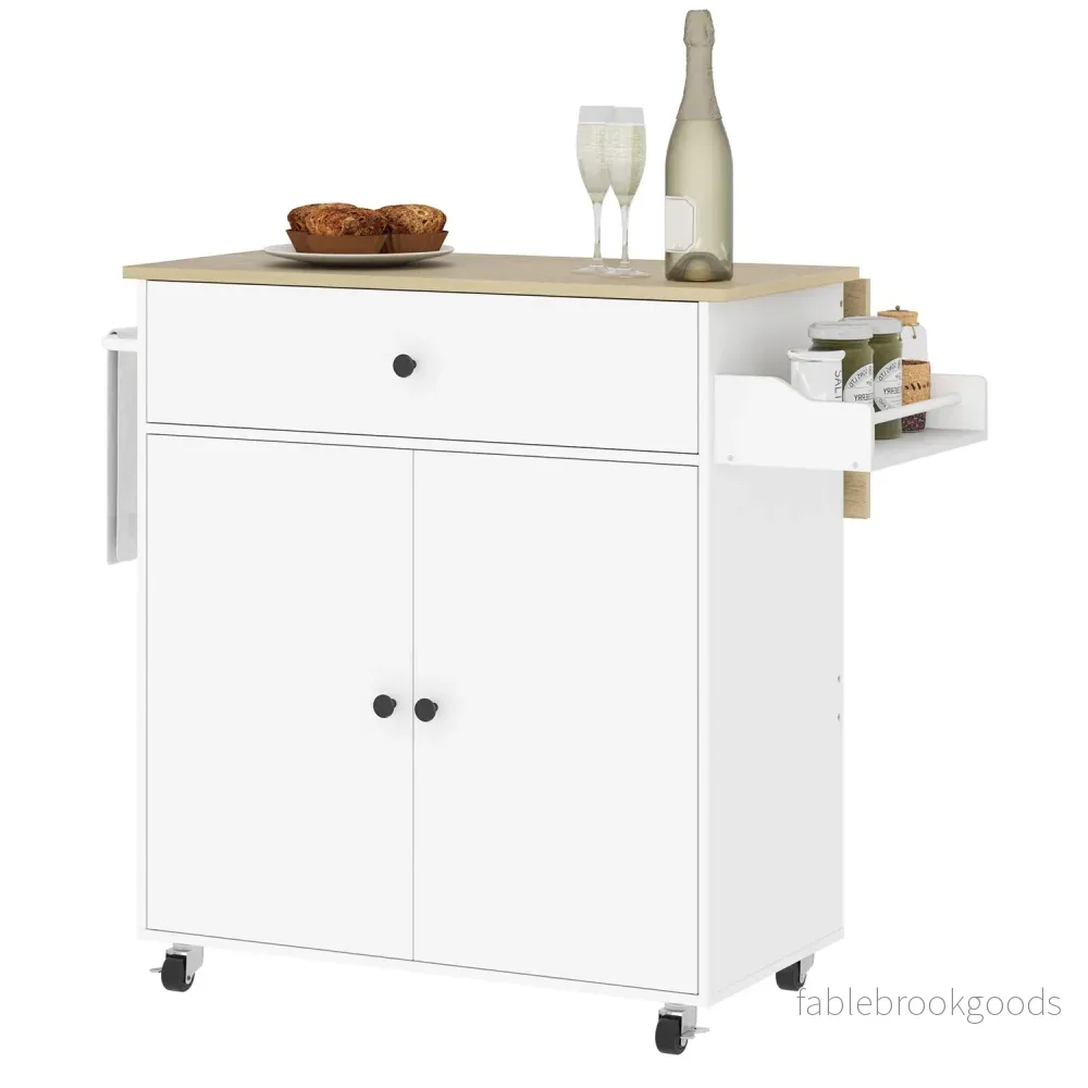 White Kitchen Island Trolley med hjul, kryddställ & förvaring White Kitchen Island Trolley med hjul, kryddställ & förvaring