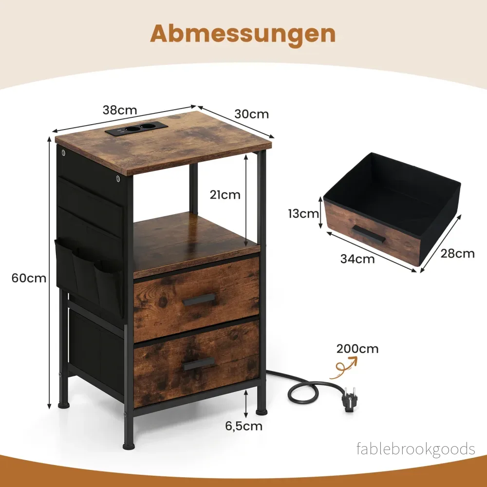 pack – sidobord med laddstation, nattduksbord vikbara tyglådor, sidoförvaringsfickor – 2 2 6 – Rustik brun - Bild 2
