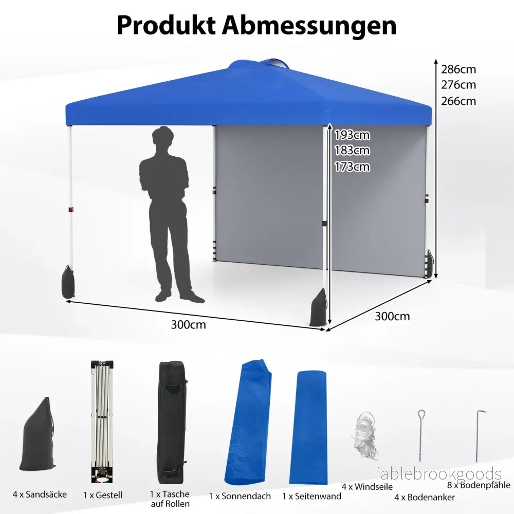 Pop – up paviljong med sidovägg Bärbar inkl. solskydd rullväska – 3 x 3 m – Blå - Bild 2