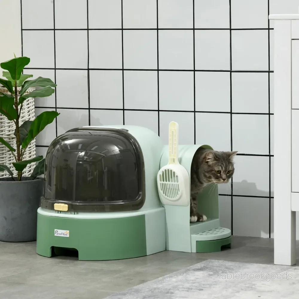 Stor kattsandlåda, utdragbara fack, huva, grön - Bild 2