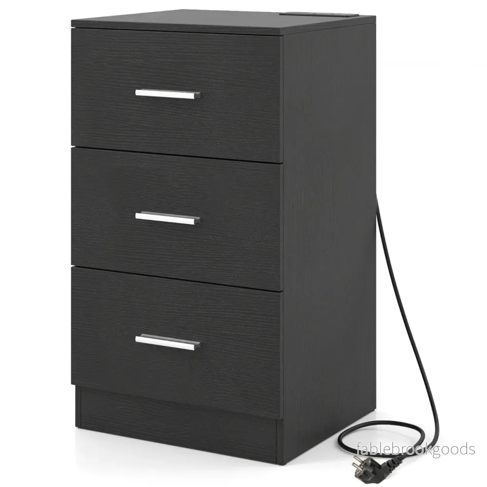 Sängbord – med laddstation modern nattduksbord förvaringslådor – 3 38 x 35 x 66 cm – Svart