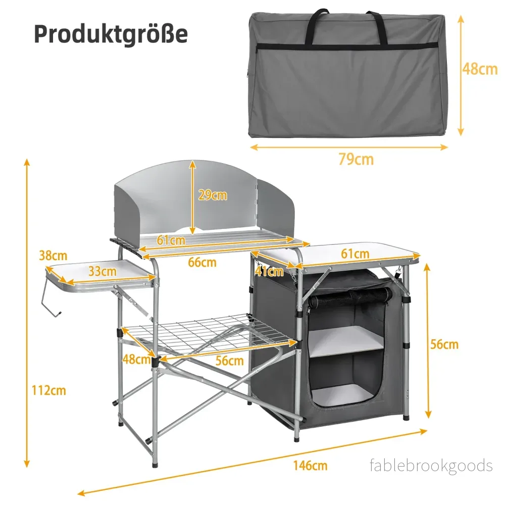 Fällbar – campingköksskåp med vindskydd och förvaringsväska, bärbar campingfällskåp, aluminiumram, – . – Grå - Bild 2